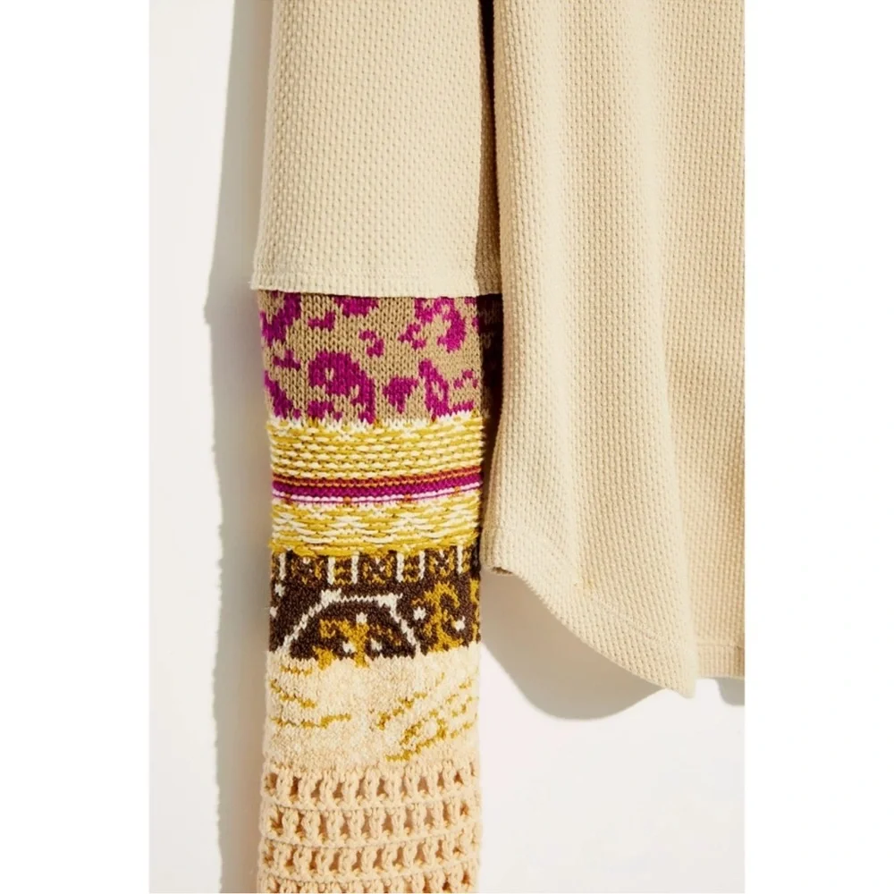 Free People Size Small Boho Thermal Top Crochet Cuff Patchwork Sleeve Cream